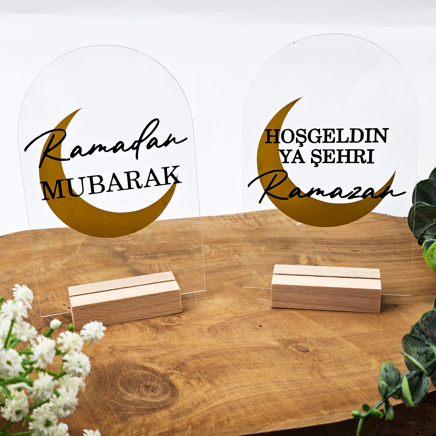 Ramadan Acrylschild mit Holzfuß | Bayram Deko | Eid Mubarak Tischdeko | Islamische Geschenkidee (Ramadan Mubarak Mond)