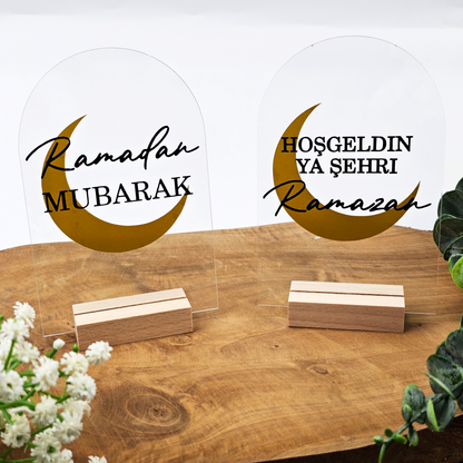 Ramadan Acrylschild mit Holzfuß | Bayram Deko | Eid Mubarak Tischdeko | Islamische Geschenkidee (Ramadan Mubarak Mond)