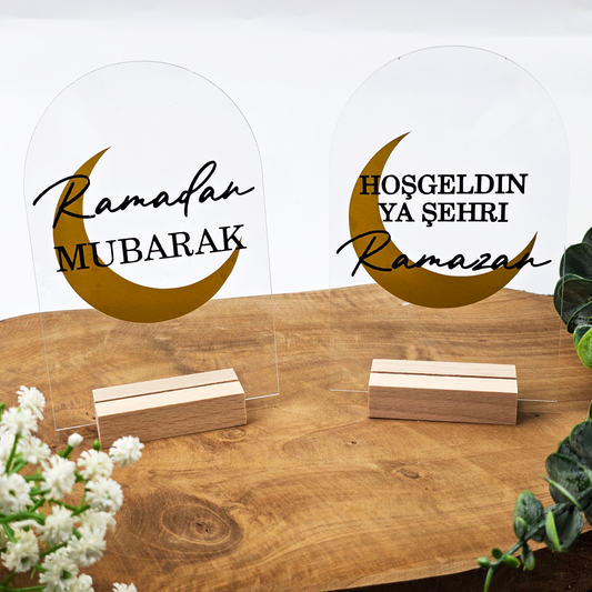 Ramadan Acrylschild mit Holzfuß | Bayram Deko | Eid Mubarak Tischdeko | Islamische Geschenkidee (Ramadan Mubarak Mond)