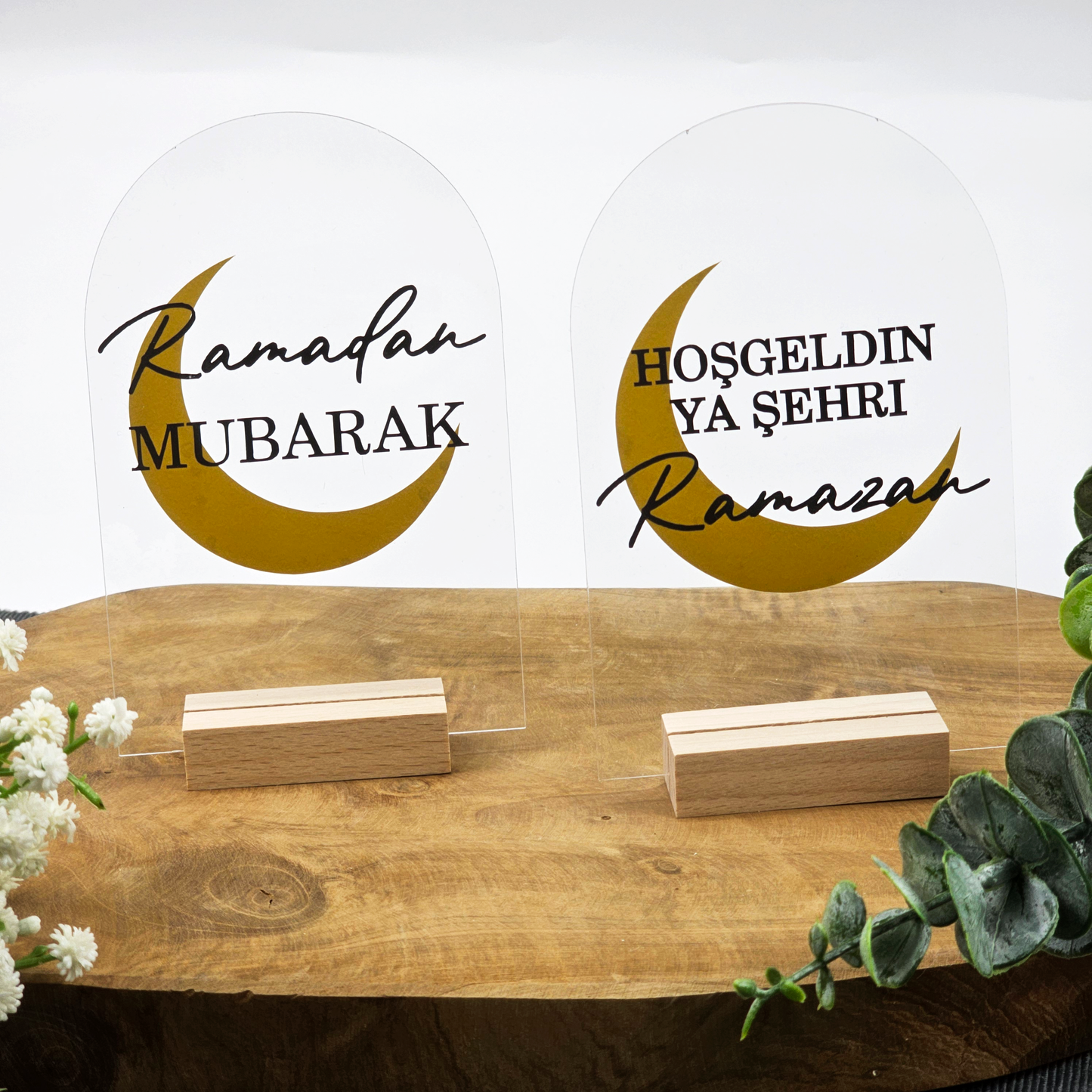 Ramadan Acrylschild mit Holzfuß | Bayram Deko | Eid Mubarak Tischdeko | Islamische Geschenkidee (Ramadan Mubarak Mond)