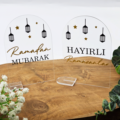 Ramadan Acrylschild mit Acrylstandfuß | Bayram Deko | Eid Mubarak Tischdeko | Islamische Geschenkidee (Hayirli Ramazanlar Laterne)