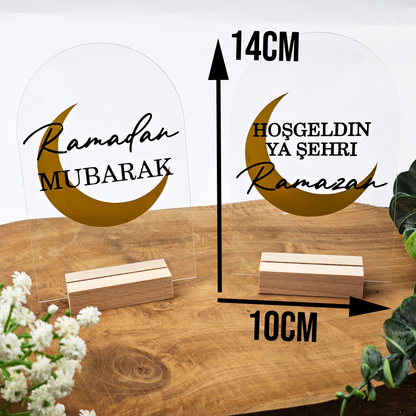 Ramadan Acrylschild mit Holzfuß | Bayram Deko | Eid Mubarak Tischdeko | Islamische Geschenkidee (Ramadan Mubarak Mond)