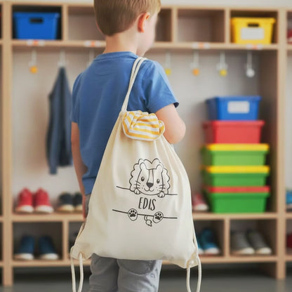 Personalisierter Turnbeutel für die Kita | Wechselkleidung Beutel mit Namen & Tiermotiv | Baumwolle | Kindergarten & Tagespflege