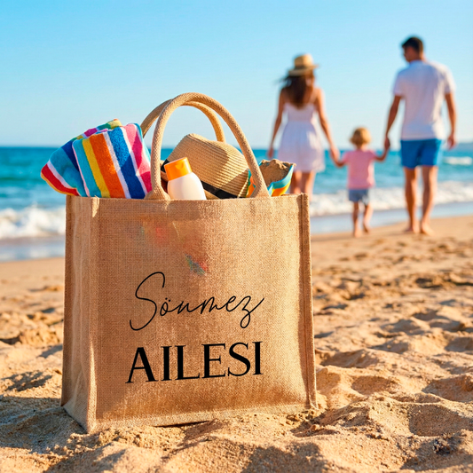 Personalisierte Jutetasche mit Familiennamen | Aile Cantasi | Stilvolle Alltagstasche & Shopper | Geschenkidee Modern & Zeitlos