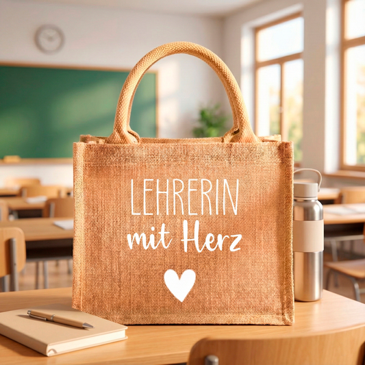 Jutetasche (Lehrerin mit Herz) | Stilvolle Alltagstasche & Shopper | Geschenkidee Modern & Zeitlos