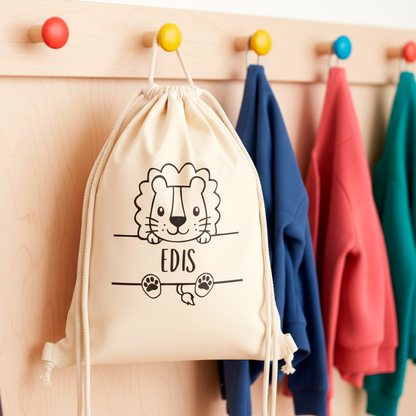 Personalisierter Turnbeutel für die Kita | Wechselkleidung Beutel mit Namen & Tiermotiv | Baumwolle | Kindergarten & Tagespflege