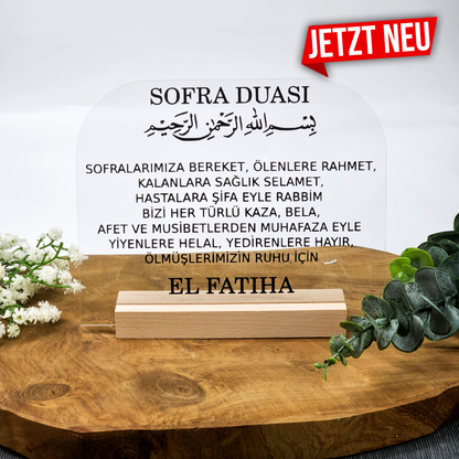 Sofra Duası Acrylschild mit Holzsockel | Tischgebet | Islamische Tischdeko | Ramadan & Bayram Geschenk | Muslimische Deko
